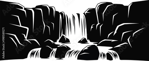 Waterfall Rocks Canyon Silhouette Vector Landscape Nature Scenic Background Illustration