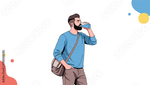 Stylish bearded man staying hydrated by drinking water from a glass while walking outdoors with a brown shoulder bag.