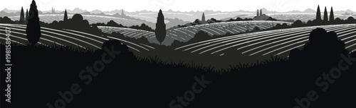Rolling Hills Farmland Silhouette Vector Landscape Countryside Nature Background Illustration