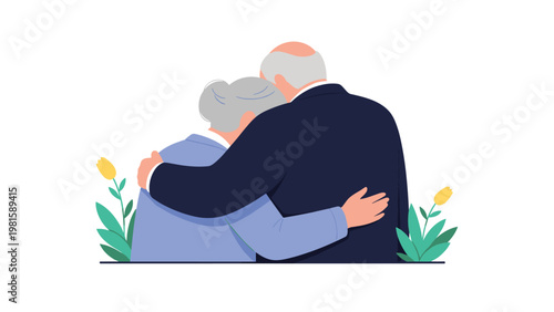 Senior couple seen from behind as they share a warm and comforting hug in a garden filled with yellow spring tulips.
