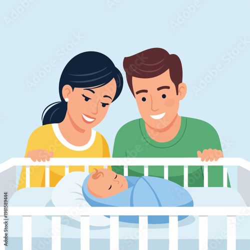 Happy parents looking down at sleeping newborn baby in white crib illustration