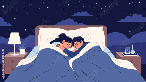 Young couple sleeping peacefully together in a cozy bed under a vast dark sky filled with twinkling stars and clouds.