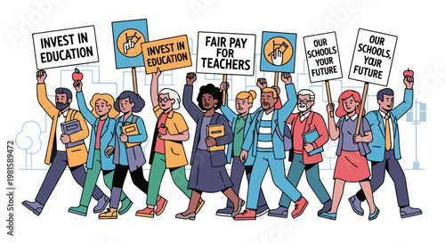 Diverse educators marching with signs for teacher pay and education investments
