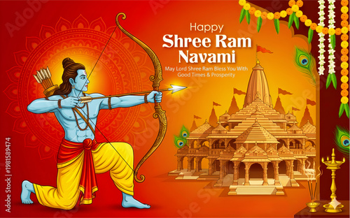 Wallpaper Mural A vibrant illustration of Shree Ram Navami featuring Lord Rama in a dynamic pose aiming his bow, set against a warm orange background. The scene includes a beautifully detailed temple,  Torontodigital.ca