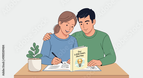 A young happy couple writing together in a baby memory book at home on the table