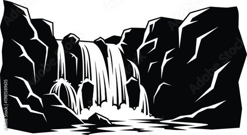 Waterfall Canyon Rocks Silhouette Vector Landscape Nature Scenic Background Illustration