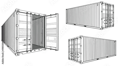 Technical engineering line drawings showing a standard shipping container from multiple perspectives for logistics use.