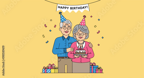 Elderly couple celebrate birthday with cake, gifts, and party hats on yellow bg