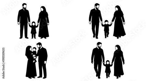 Muslim Family Silhouette Vector Set – 4 Modest Lifestyle Poses in Clean Grid Layout