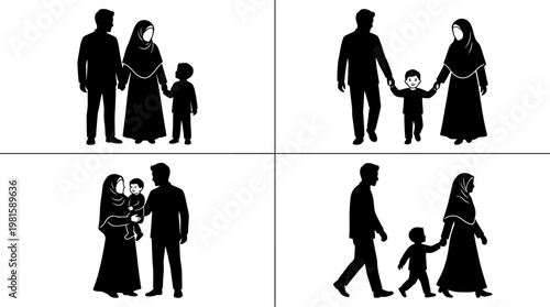 Muslim Family Silhouette Vector Set – 4 Modest Lifestyle Poses in Clean Grid Layout