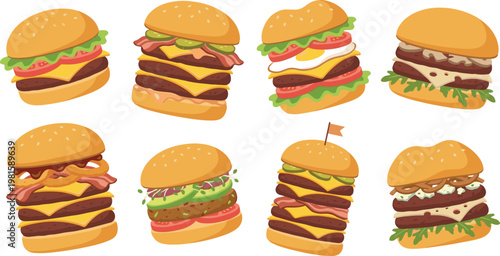 Gourmet burger vector collection featuring stacked hamburgers with bacon, cheese, egg, vegetables and sauces for fast food menu and restaurant branding design