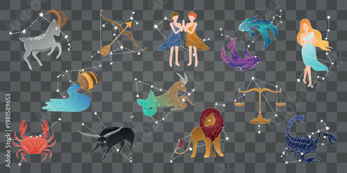 Colorful zodiac signs on a transparent background. Includes Capricorn, Sagittarius, Gemini, Pisces, Aquarius, Taurus, Libra, Leo, Scorpio, Cancer, Virgo, Aries. Vector element set.