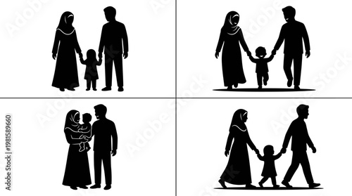 Muslim Family Silhouette Vector Set – 4 Modest Lifestyle Poses in Clean Grid Layout