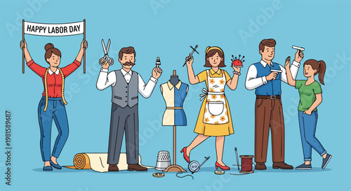 Diverse workers celebrate Labor Day with festive banner and tailoring equipment