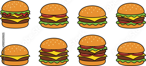 Cartoon hamburger vector set featuring cheeseburgers with lettuce, tomato and sesame buns in different styles for fast food menu and restaurant design