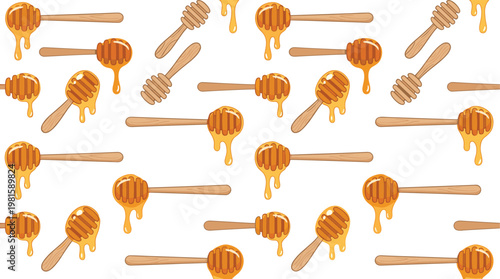 Seamless pattern of honey dippers with dripping honey in flat vector style, sweet food background design for organic and natural products