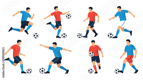 Collection of soccer players in various dynamic action poses while dribbling and kicking the ball during a match.