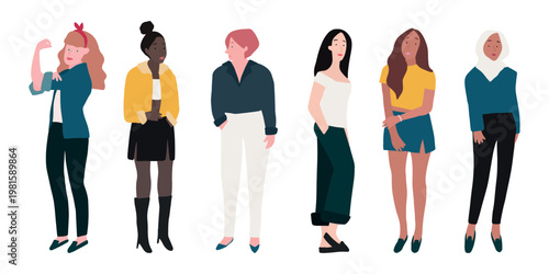 Illustration of diverse women in various outfits. Includes women of different ethnicities and styles. Fashionable women in casual and formal attire. People illustrations, isolated element vector set.