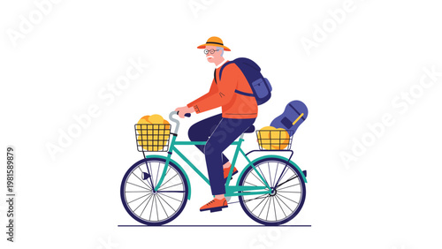 Happy elderly man riding a green bicycle with baskets full of yellow fruit and a blue guitar case on the rear rack.