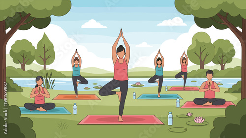 Group of diverse individuals practicing yoga together in a serene park setting by a pond to promote health and wellness.