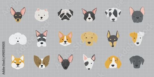 Illustrated dog faces, various breeds, cartoon style. Includes pugs, bulldogs, terriers. Cute dog faces, diverse breeds, cartoon dog illustrations. Animal illustrations, isolated element vector set.
