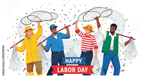 Four diverse fishermen holding nets celebrating Labor Day with falling confetti