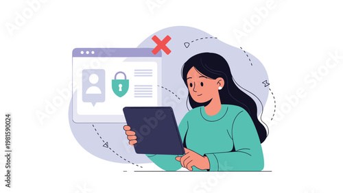 Woman using a digital tablet for secure online transactions featuring a lock icon and user profile for data privacy.