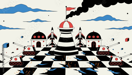 A surreal vector illustration of a chess piece surrounded by military vehicles and rockets on a checkered battlefield