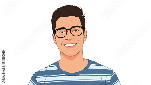 Friendly young man with glasses and a striped shirt smiling warmly at the camera for a clean and professional portrait.