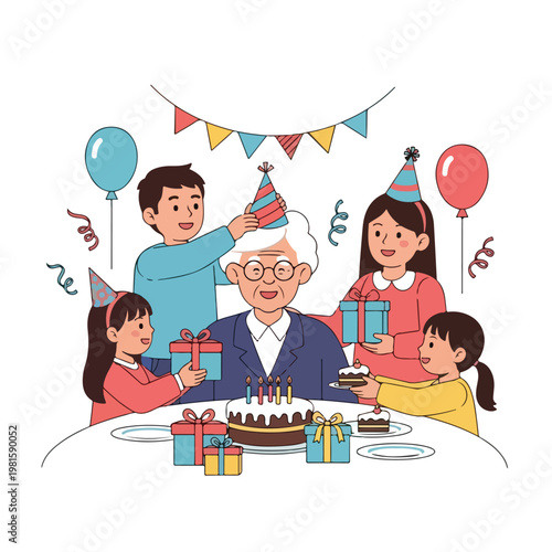 Four grandchildren celebrate their grandfather's birthday with a cake and gifts