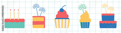 Colorful cake illustrations with candles and sprinkles. Cupcakes and layered cakes in vibrant designs. Festive cake icons on a grid background. Party illustrations, isolated element vector set.