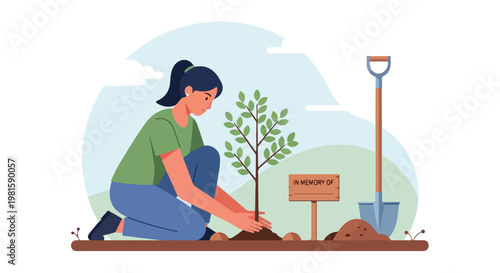 Woman planting a memorial sapling with a wooden sign and shovel in the outdoors