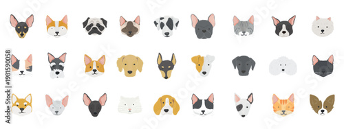 Illustration of various dog and cat faces, featuring different breeds and colors. Includes playful and cute expressions of pets, showcasing diversity in animals. Animal illustrations, isolated vectors