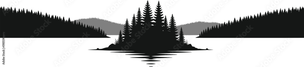 Obraz premium Pine Forest Reflection Lake Silhouette Vector Landscape Nature Background Illustration