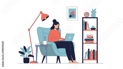 Relaxed woman sitting in a blue armchair and working on her laptop in a cozy home library with a lamp and bookshelf.