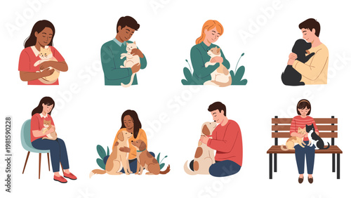 Heartwarming collection of people of different ages hugging and showing love to their pet cats and dogs in various settings.