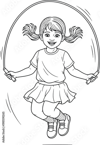 Little girl jumping rope outdoors with happy smiling face