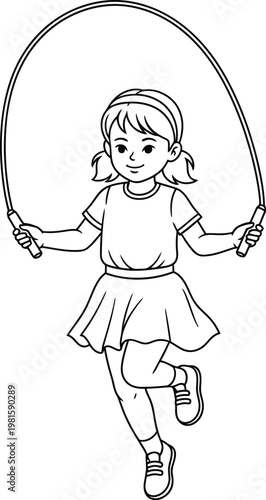 Little girl playing with jumping rope outdoors in casual clothes