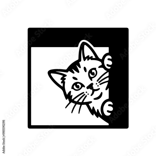 Playful black and white icon of a peeking cat looking over a border or corner frame with a curious and minimalist expression
 
