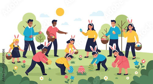 Families and children enjoy a colorful Easter egg hunt in a sunny outdoor park