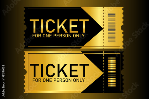 Golden ticket stubs, event tickets, admission passes, vector icons
