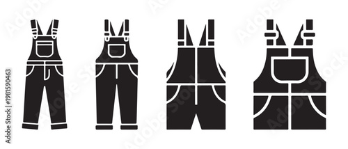 Collection of black silhouette overalls and dungarees icons on white background.