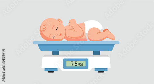 Vector illustration of a sleeping newborn baby lying on a digital medical scale