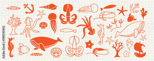 Illustration of various sea creatures like squid, seahorse, and fish in orange. Includes shells, coral, and anchors on a grid background. Nautical theme. Animal illustrations, isolated vector set.