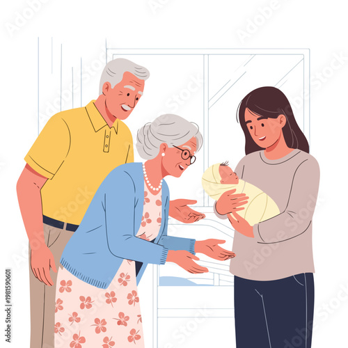 Grandparents visiting a new mother holding a swaddled infant in a hospital room