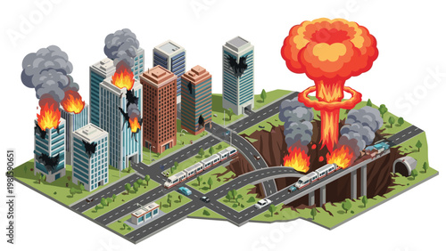 Dramatic isometric illustration of a city destroyed by a nuclear explosion with burning buildings and a massive mushroom cloud.