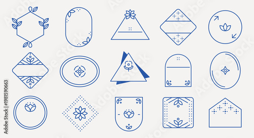 Minimalist geometric frames with floral designs. Simple, elegant frames for decoration. Geometric shapes and floral accents create stylish frames. Element with copy space, vector set.