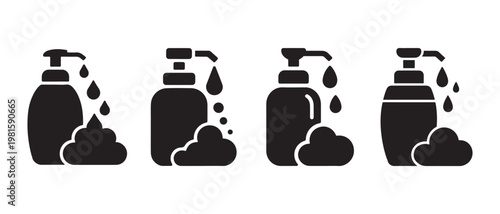 Set of black icons depicting liquid soap dispensers with foam and droplets, symbolizing hygiene and cleanliness.