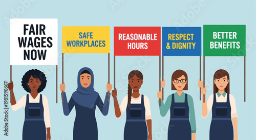 Diverse female workers in uniforms holding signs for fair wages and work rights
