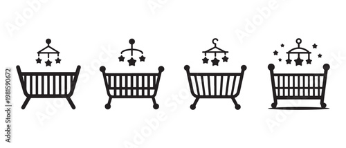 Set of Baby Crib and Mobile Icons. in Black Line Art Style for Nursery Care and Sleep Design.